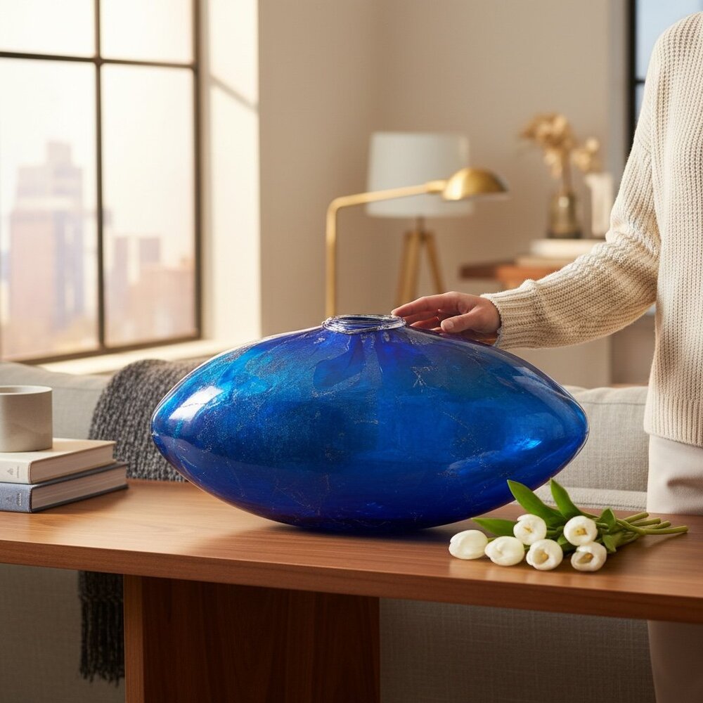 Charlie Meaker Mid Century Art Glass Large Blue Azurene Torpedo Vase